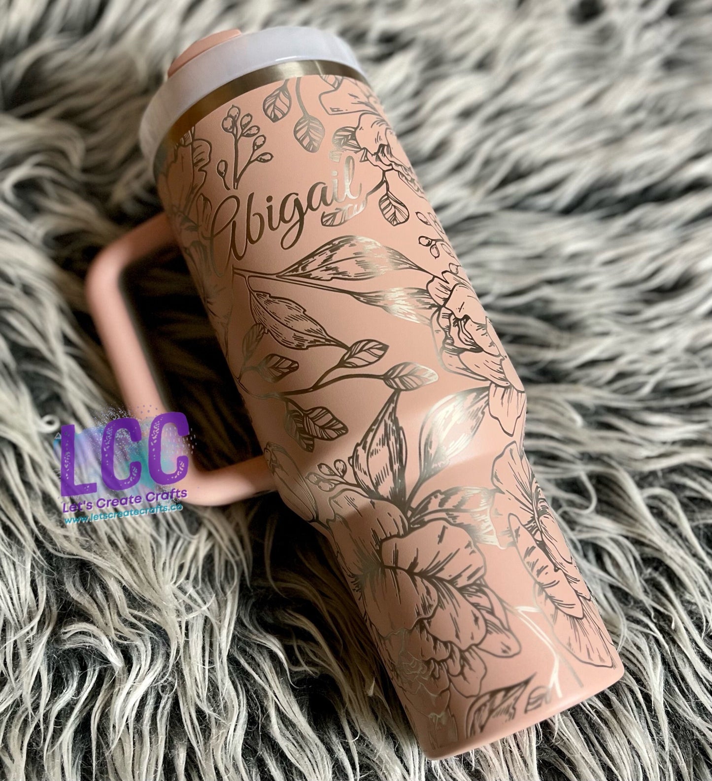 40oz Peony Engraved Quencher Personalized Tumbler w/ Handle - Gift, Fall, Mother, mom, graduation, party, birthday, friends, family, school