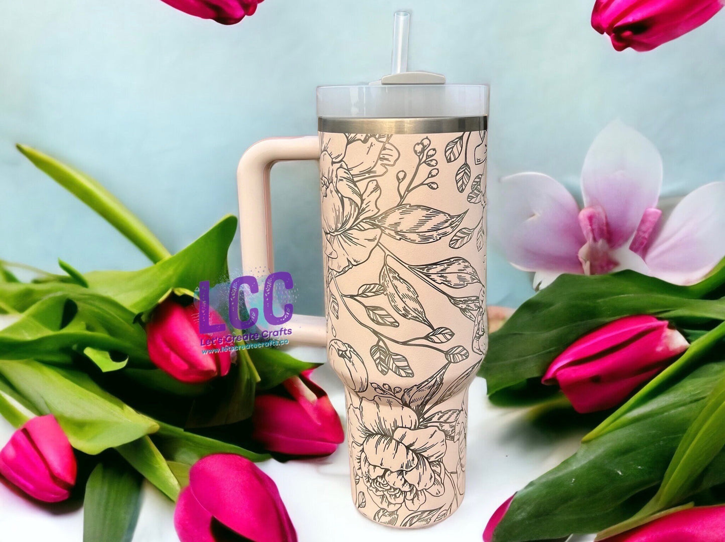 40oz Peony Engraved Quencher Personalized Tumbler w/ Handle - Gift, Fall, Mother, mom, graduation, party, birthday, friends, family, school