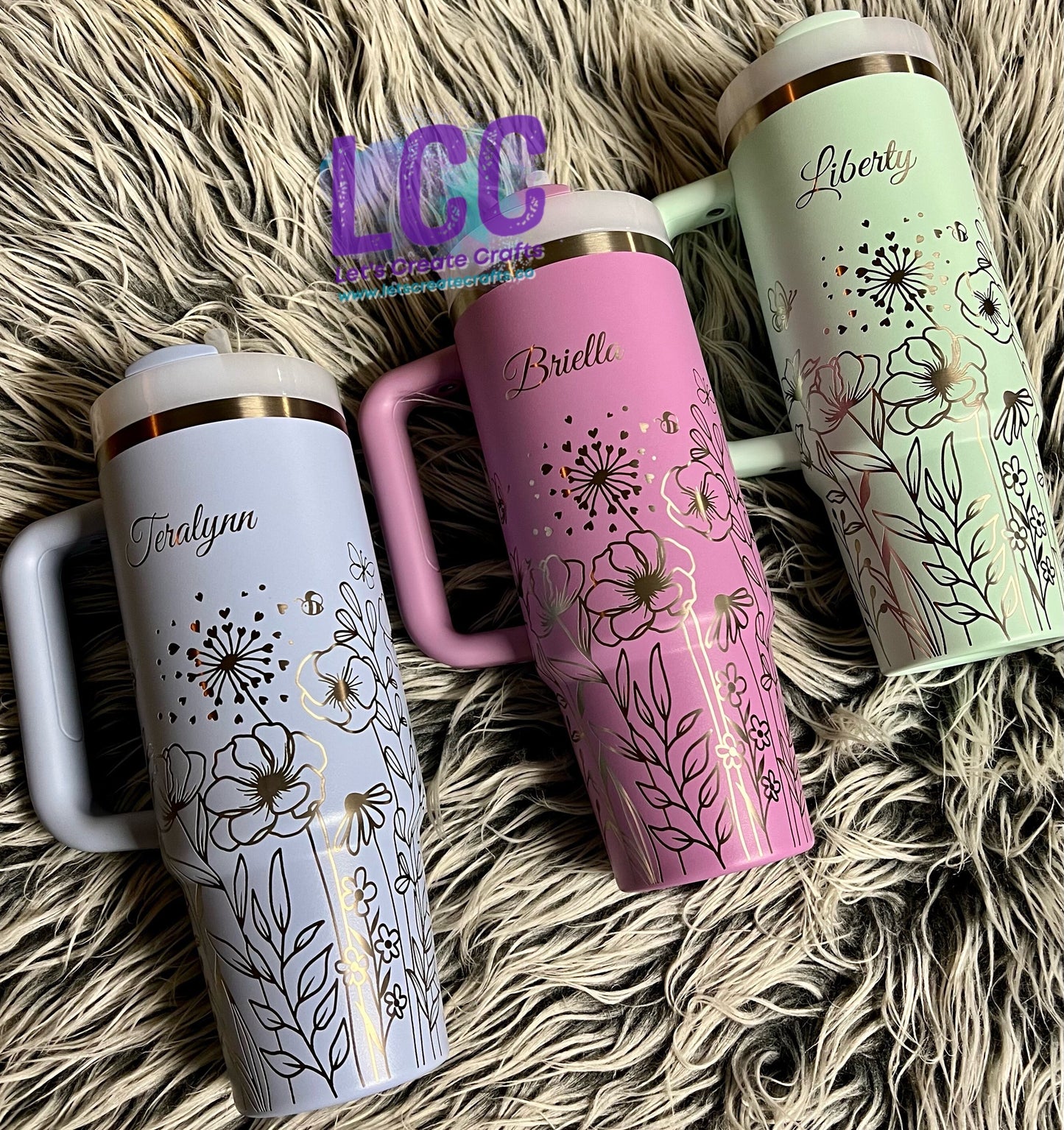 NEW COLORS! 30oz Butterfly Bee Wildflower Engraved Tumbler w/ Handle - Gifts Mom, her, grad, bridal party, birthday, friend, family, school