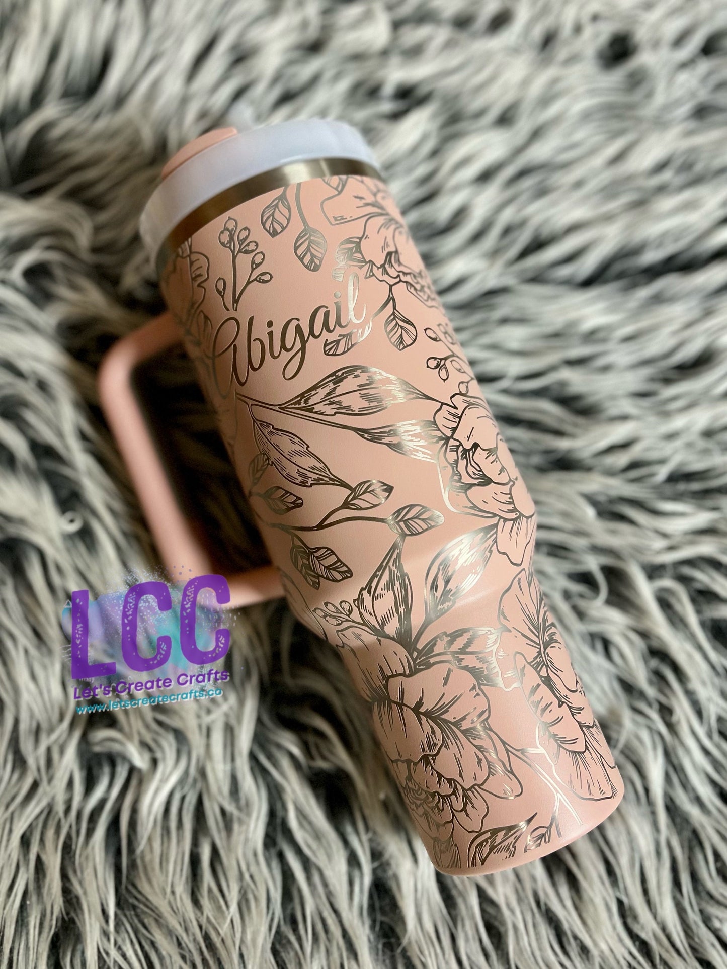 40oz Peony Engraved Quencher Personalized Tumbler w/ Handle - Gift, Fall, Mother, mom, graduation, party, birthday, friends, family, school