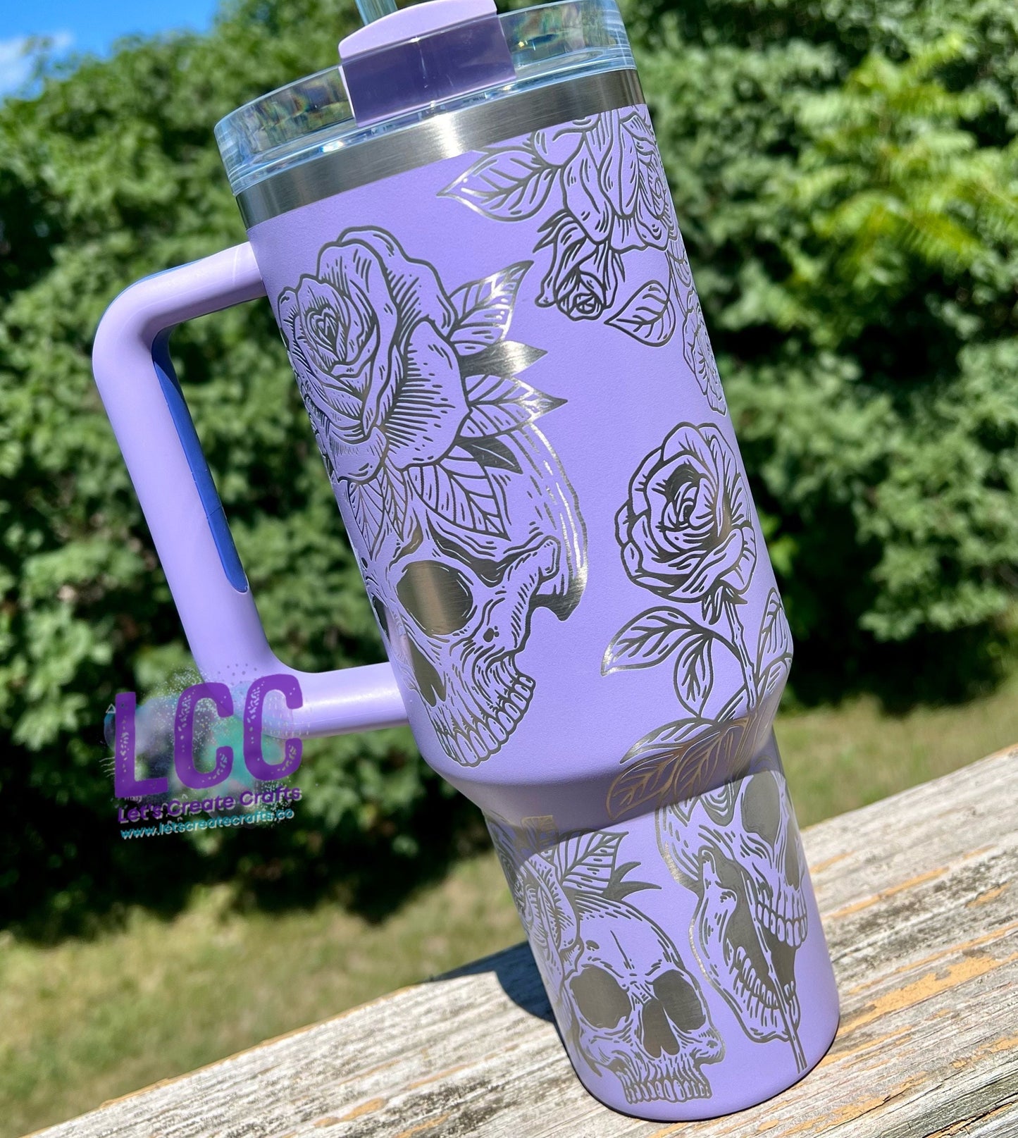 40oz Skull & Roses Engraved Quencher Personalized Tumbler w/ Handle - Gifts for her | mom | teacher | graduation | birthday | friend | fall