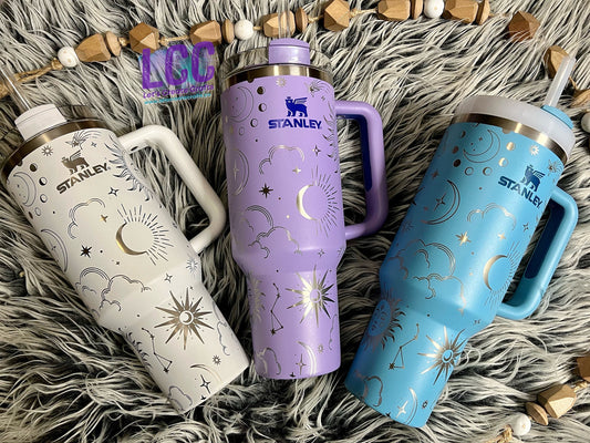 NEW! Unique designed 40oz Celestial Engraved Tumbler w Handle - Gift for her | mom | teacher | Stars Moon Sun Sky | birthday | friend | Fall