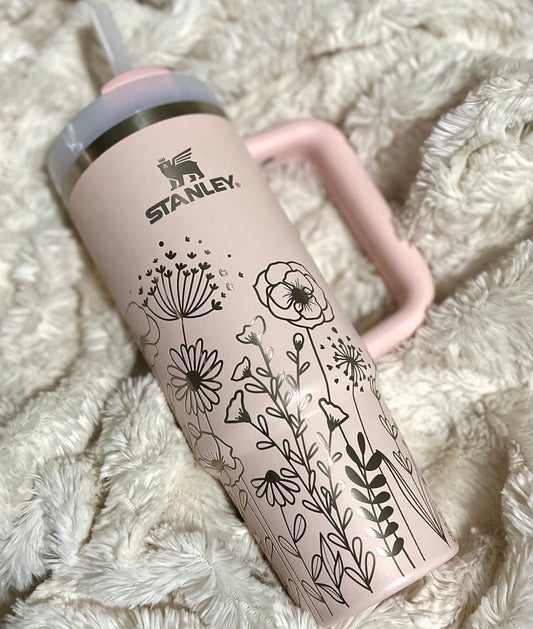 NEW COLORS! 30oz Floral Engraved Quencher Tumbler w/ Handle - Gifts for Mom, her, grad, bridal party, birthday, friend, family, fall, school