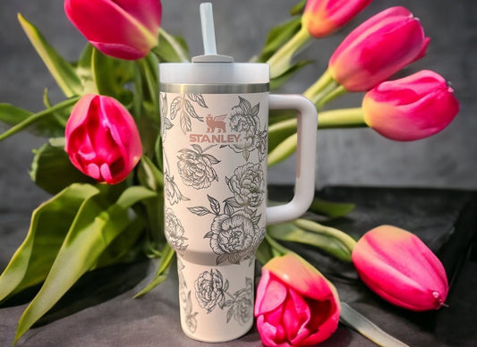 NEW COLORS 40oz Peony Engraved Quencher Personalized Tumbler w/ Handle - Gift for Mother’s Day, graduation, party, birthday, friends, family