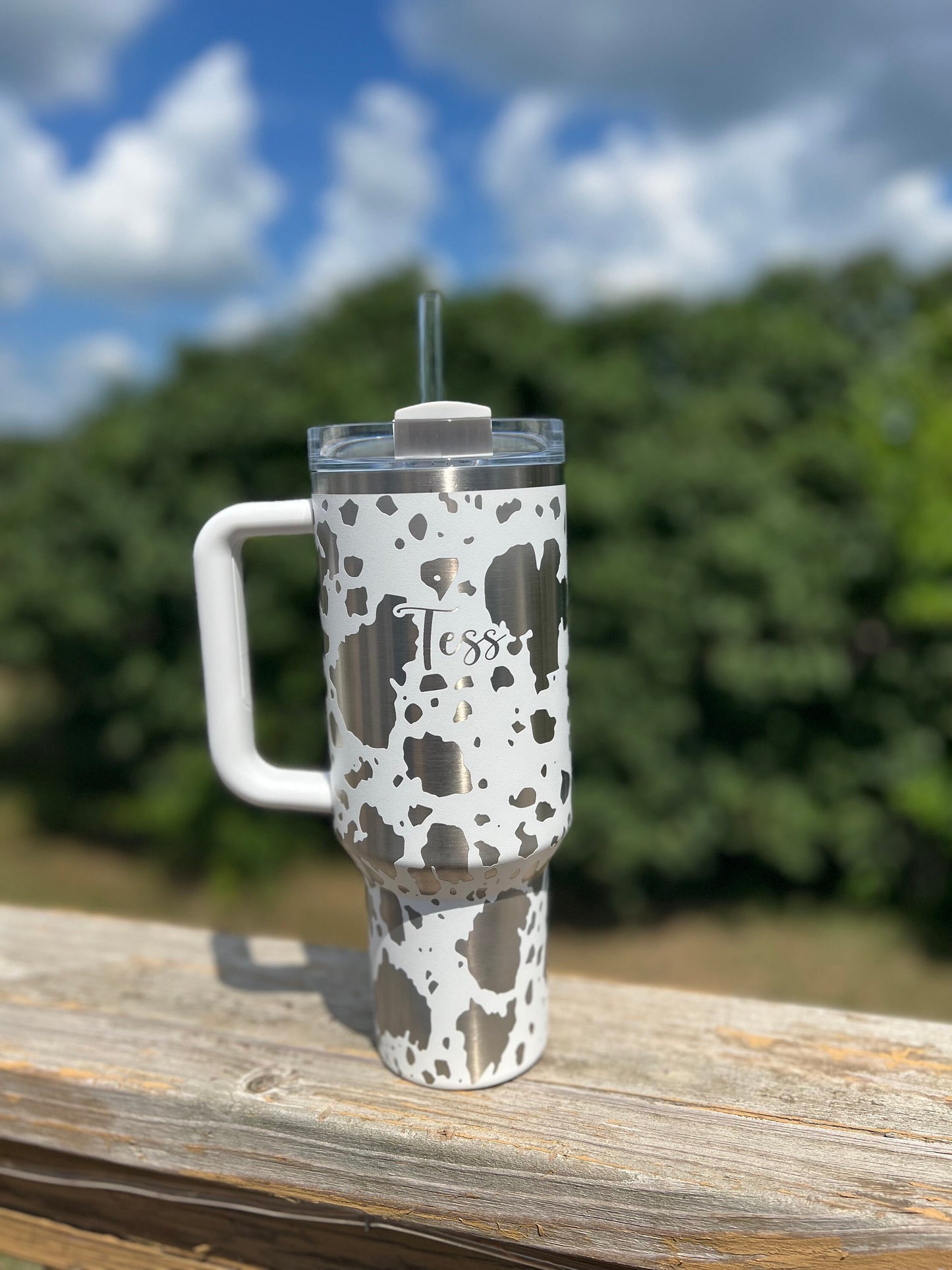 40oz Cow Print Engraved Quencher Personalized Tumbler w/ Handle - Gifts for her | mom | teacher | graduation | birthday | friends | Fall