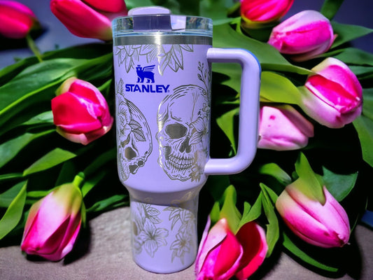 40oz Skull & Roses Engraved Quencher Personalized Tumbler w/ Handle - Gifts for her | mom | teacher | graduation | birthday | friend | fall