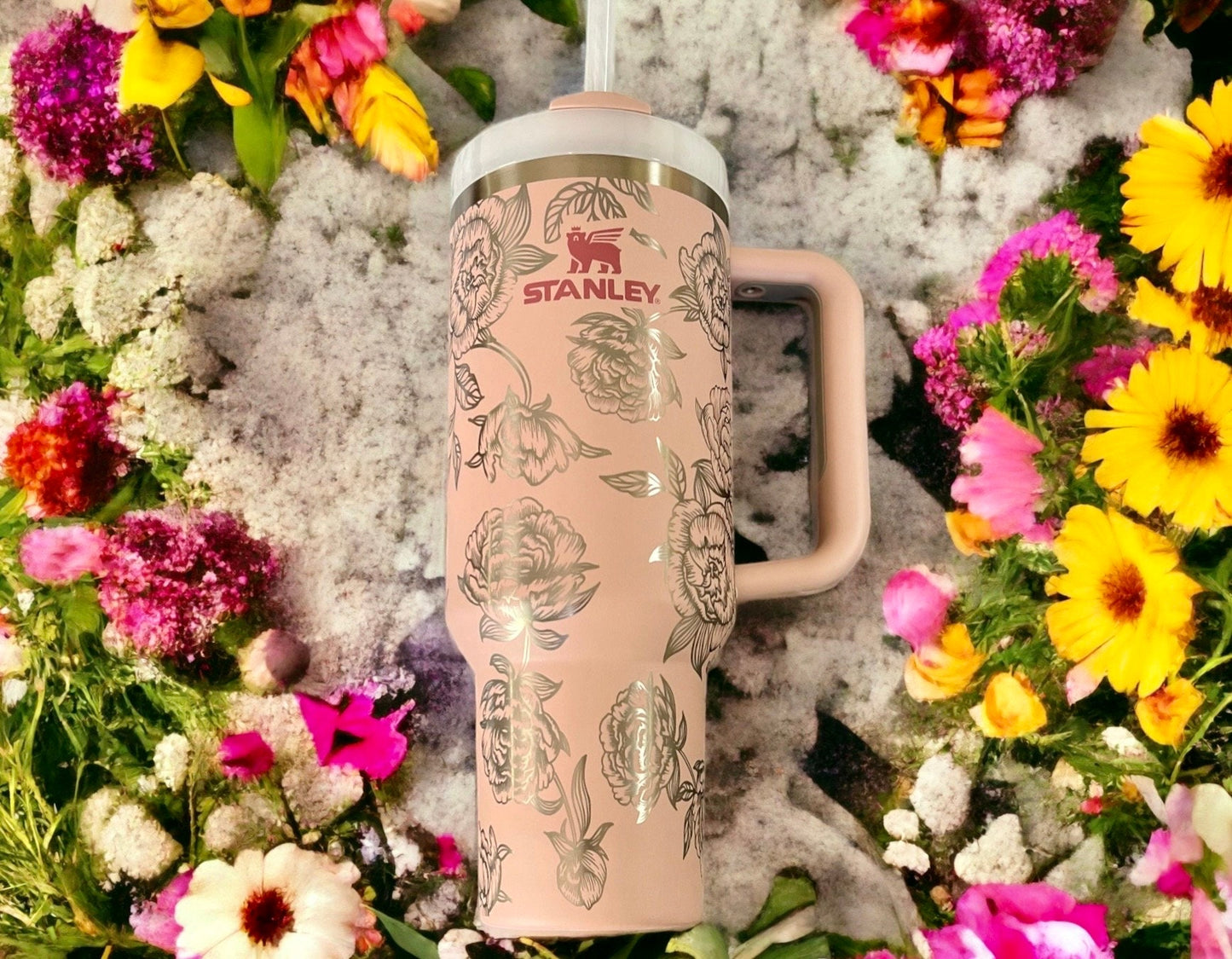 NEW COLORS 40oz Peony Engraved Quencher Personalized Tumbler w/ Handle - Gift for Mother’s Day, graduation, party, birthday, friends, family