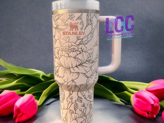 40oz Peony Engraved Quencher Personalized Tumbler w/ Handle - Gift, Fall, Mother, mom, graduation, party, birthday, friends, family, school